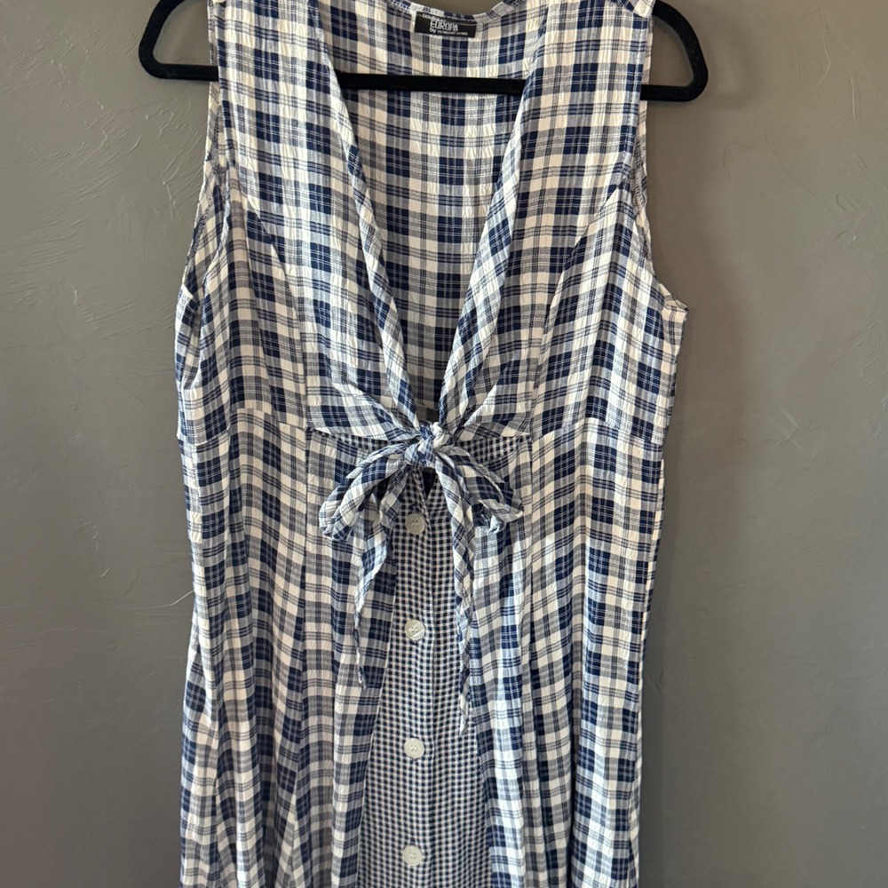 Cottage Vintage 90s Newport News Blue White Plaid Gingham Tie Front Maxi Dress - Picture 3 of 9